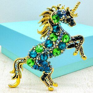 Large Unicorn Brooch Unicorn Rhinestone Brooch Blue Unicorn Pendant Gift for Her